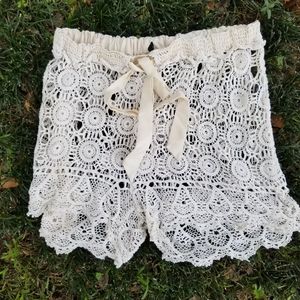 Boho Crochet swim cover beach shorts, sz Lg